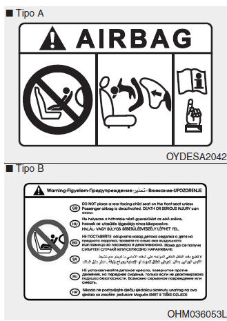 Etiqueta de aviso do airbag do passageiro da frente da cadeira de criança