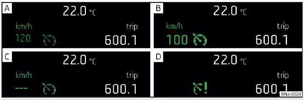 Fig. 134 Visor MAXI-DOT: Exemplos de indicações de estado do sistema de regulação de velocidade (GRA)