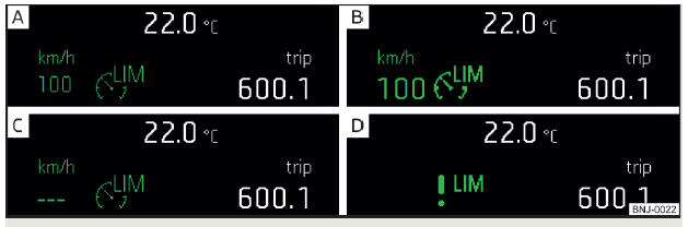 Fig. 137 Visor MAXI-DOT: Exemplos de indicadores de estado do limitador de velocidade