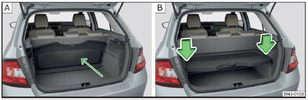Fig. 96 Cobertura da bagageira: atrás dos encostos dos bancos traseiros / arrumada na posição inferior