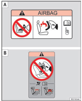 Autocolantes do airbag - versão 2: no para-sol do lado do passageiro A e na moldura posterior da porta do passageiro B.