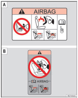 Autocolantes do airbag - versão 1: no para-sol do lado do passageiro A e na moldura posterior da porta do passageiro B.