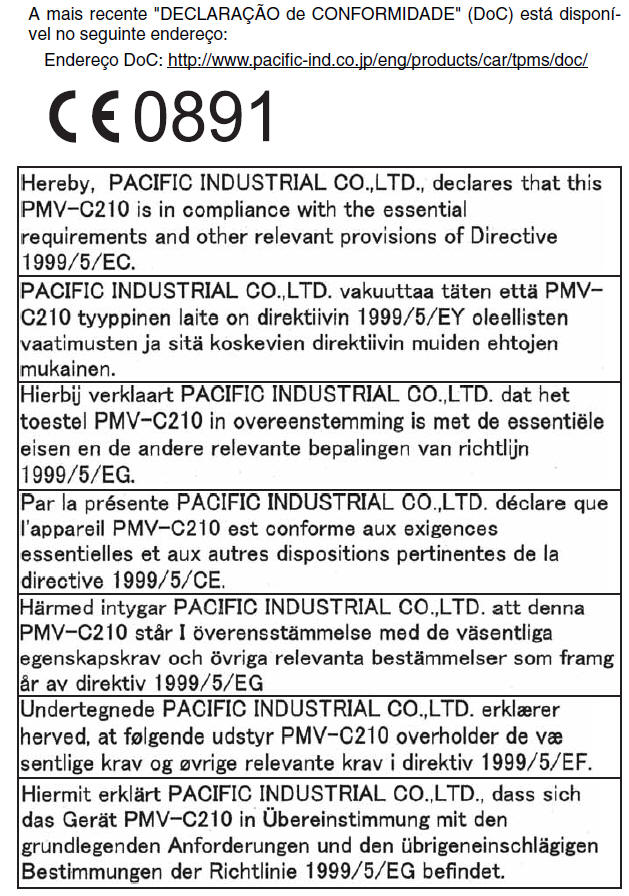 Certificação do sistema de aviso da pressão dos pneus