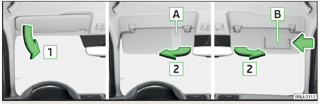 Fig. 48 Baixar pala / levantar pala / espelho de maquilhagem e suporte de talão de estacionamento