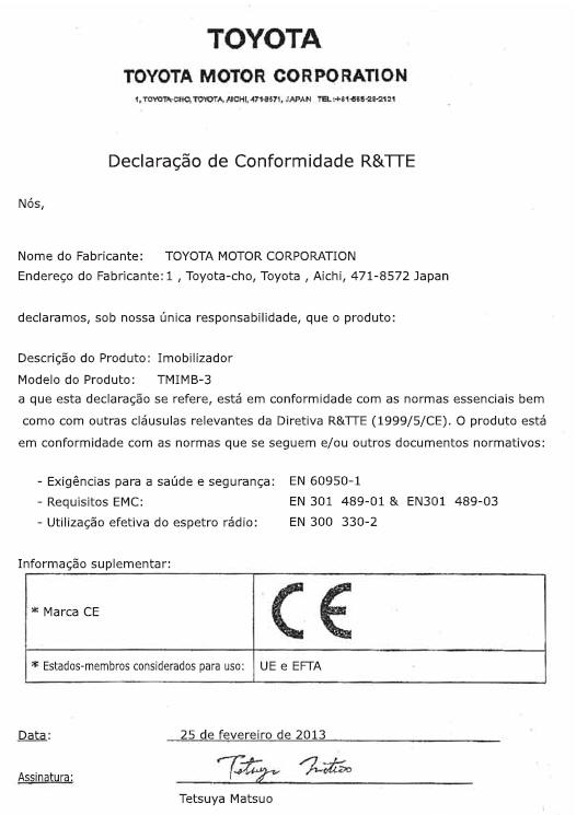 Certificações do sistema imobilizador do motor (veículos com sistema de chave inteligente para entrada e arranque)